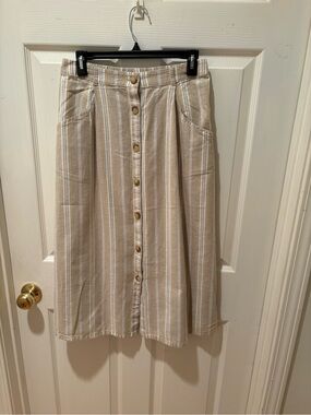St. John's Bay Beige & White Stripe Button-Front Midi Skirt